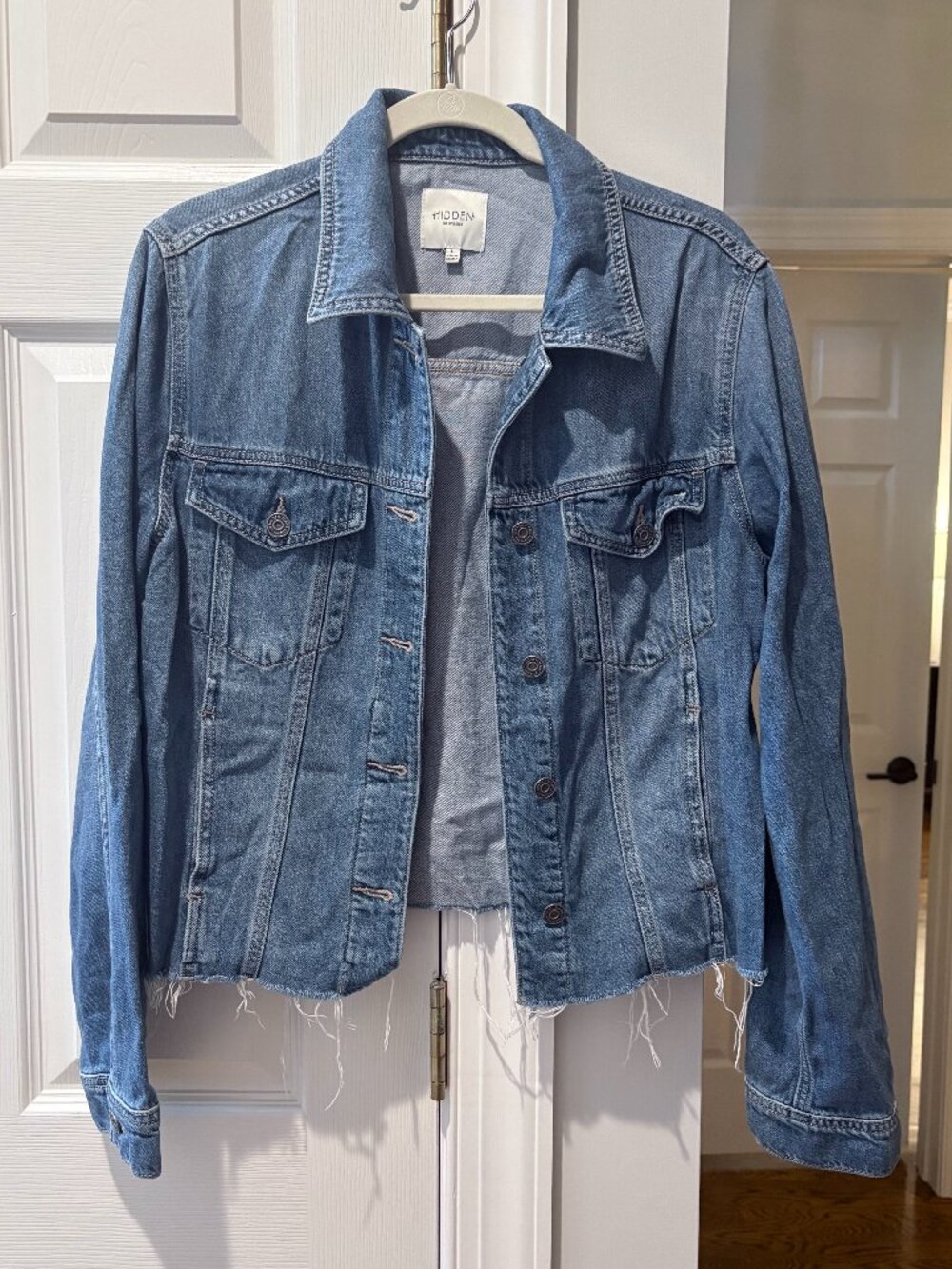Hidden Denim Cropped Frayed Raw Hem Jean Jacket L